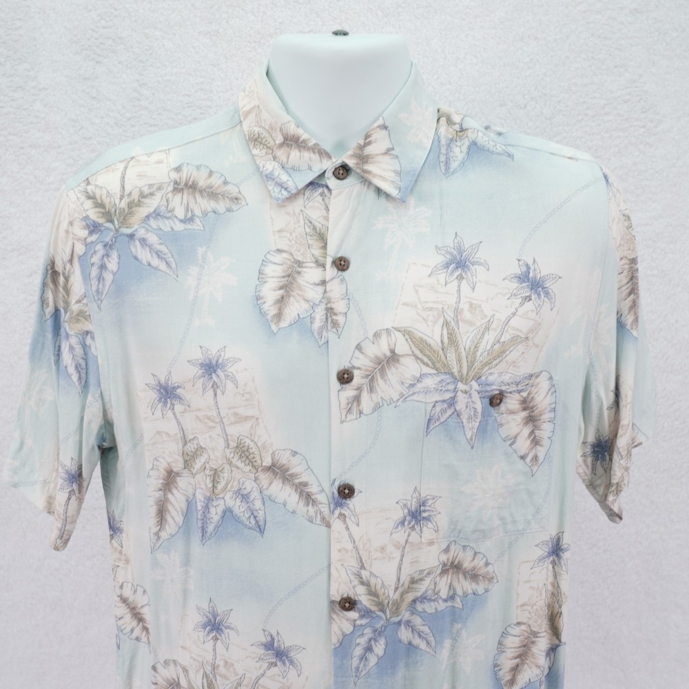 Boca Classics‎ Rayon Blue Tan Beach Palm Tree Hawaiian Shirt Short Sleeve